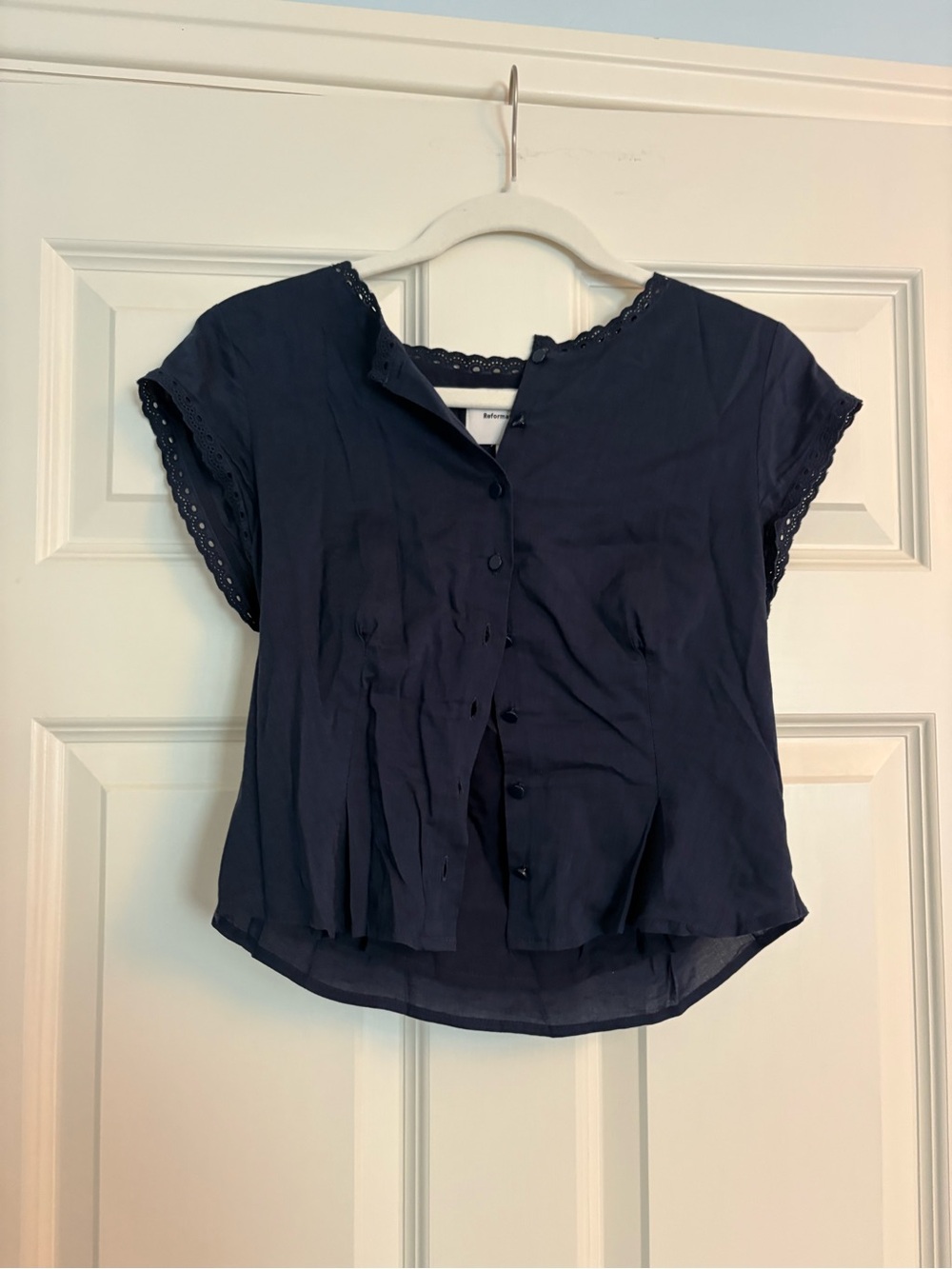 Reformation Navy Eyelet Cap-Sleeve Button Down Top and Matching Skirt Set